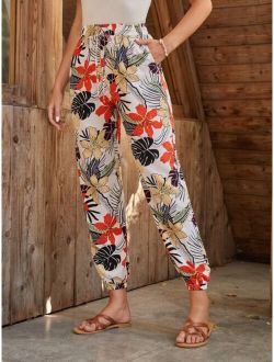 Knot Waist Tropical Print Pants
