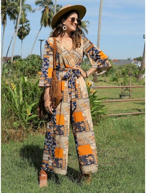 EMERY ROSE Patchwork Print Belted Wide Leg Jumpsuit