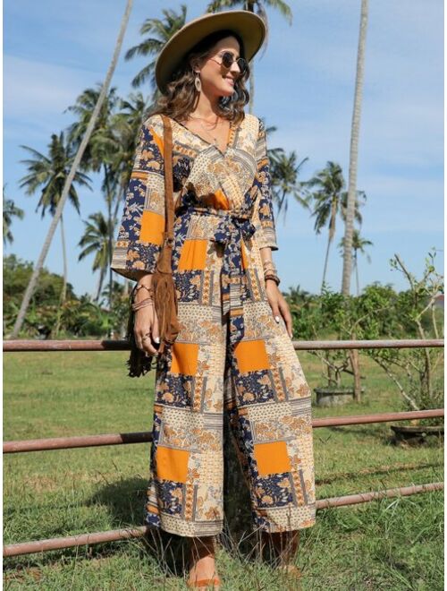 EMERY ROSE Patchwork Print Belted Wide Leg Jumpsuit