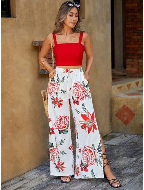 EMERY ROSE Solid Cami Top & Floral Print Split Thigh Pants