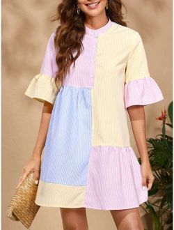 Striped Colorblock Flounce Sleeve Shirt Dress