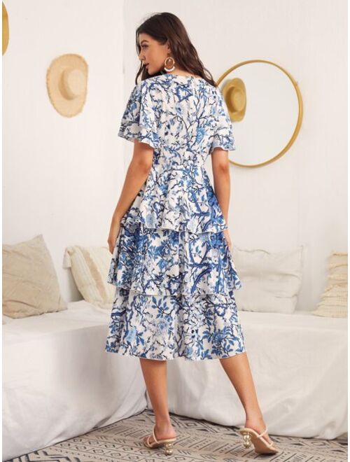 EMERY ROSE Butterfly Sleeve Layered Hem Floral Dress