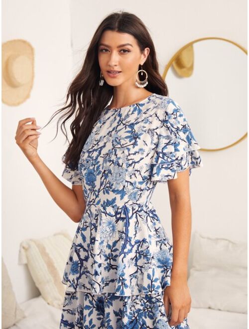 EMERY ROSE Butterfly Sleeve Layered Hem Floral Dress