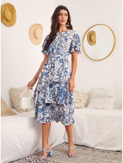 EMERY ROSE Butterfly Sleeve Layered Hem Floral Dress
