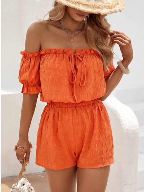 EMERY ROSE Off Shoulder Frill Trim Tie Front Top & Shorts