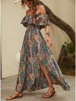 Paisley Print Off Shoulder Ruffle Trim Split Thigh Dress