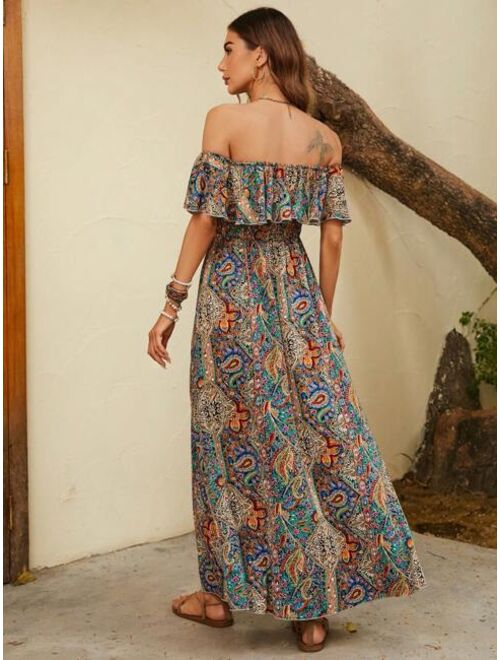 EMERY ROSE Paisley Print Off Shoulder Ruffle Trim Split Thigh Dress