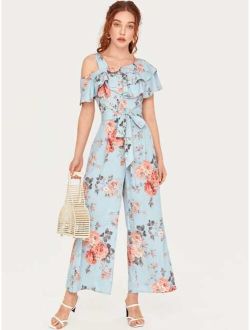 Rose Floral Print Ruffled Belted Jumpsuit