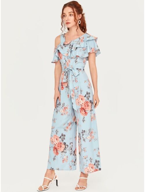 EMERY ROSE Rose Floral Print Ruffled Belted Jumpsuit