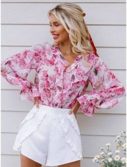 Ruffle Trim Floral Top