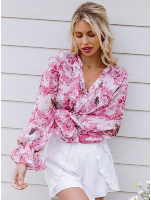 EMERY ROSE Ruffle Trim Floral Top