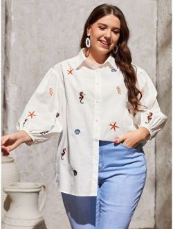 Plus Animal Embroidery Button Front Puff Sleeve Blouse