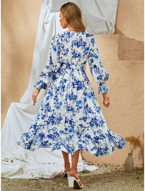 EMERY ROSE Floral Print Flounce Sleeve Belted Dress
