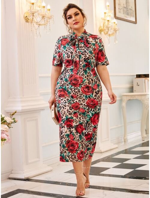 EMERY ROSE Plus Tie Neck Split Hem Leopard & Floral Print Dress