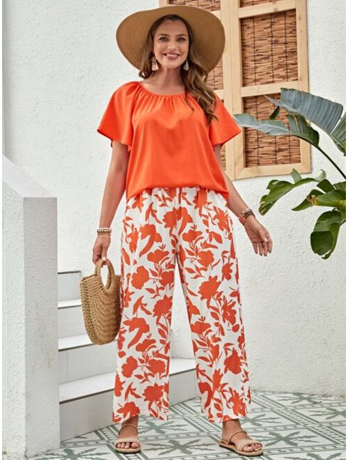 EMERY ROSE Plus Solid Top & Floral Print Wide Leg Pants