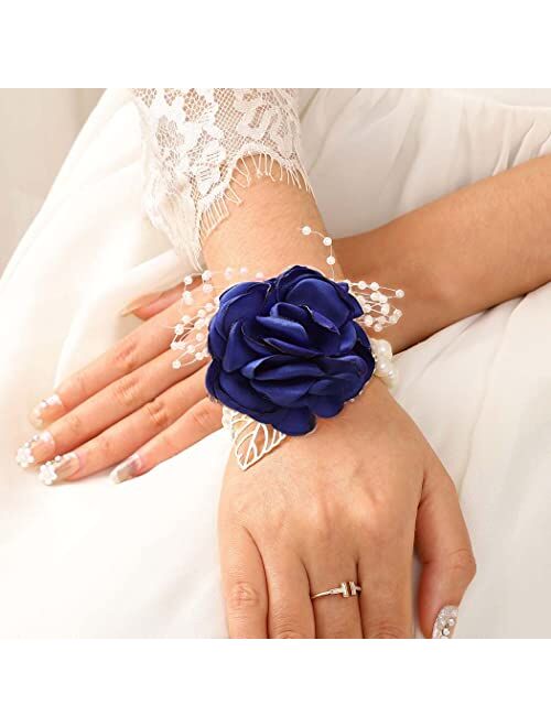 CASDRE Bridal Wrist Corsage Pearl Bride Wedding Hand Flower Corsage Wristlet Wedding Accessories for Women and Girls (Blue)