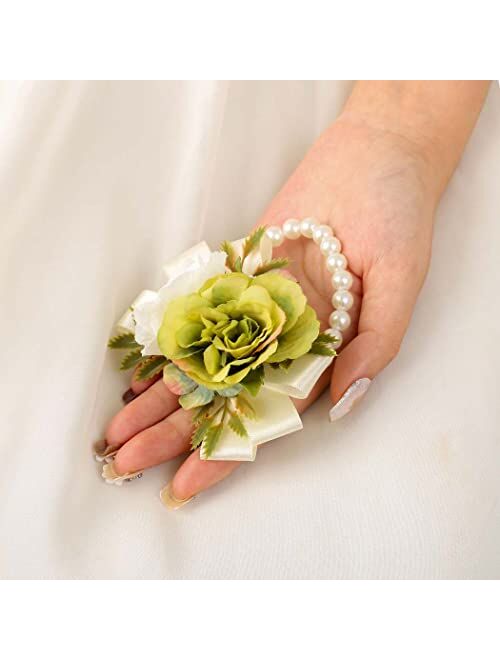 CASDRE Bride Wedding Wrist Corsage Bridal Hand Flower Pearl Corsage Wristlet Wedding Accessories for Women and Girls (Green)