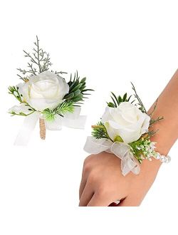 XAN White Rose Wrist Flower, Wrist Corsage Hand Flowers Decor for Wedding Bridal Prom Party Accessories
