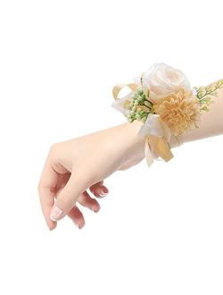Bonycust Wrist Corsage Bracelet - 2 Pack Rose Wedding Wrist Band Hand Flower for Women Girl Bridesmaid Bridal Bridesmaid Prom (Champagne)