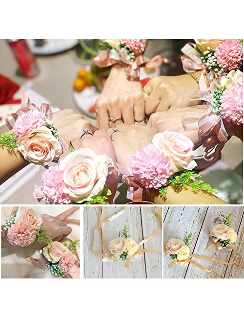 Bonycust Wrist Corsage Bracelet - 2 Pack Rose Wedding Wrist Band Hand Flower for Women Girl Bridesmaid Bridal Bridesmaid Prom (Champagne)