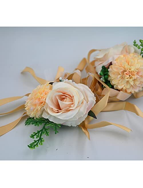 Bonycust Wrist Corsage Bracelet - 2 Pack Rose Wedding Wrist Band Hand Flower for Women Girl Bridesmaid Bridal Bridesmaid Prom (Champagne)