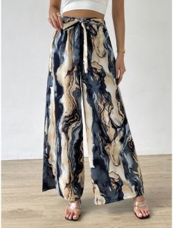Allover Print Belted Wide Leg Pants