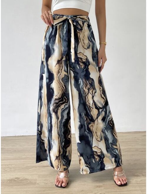 EMERY ROSE Allover Print Belted Wide Leg Pants