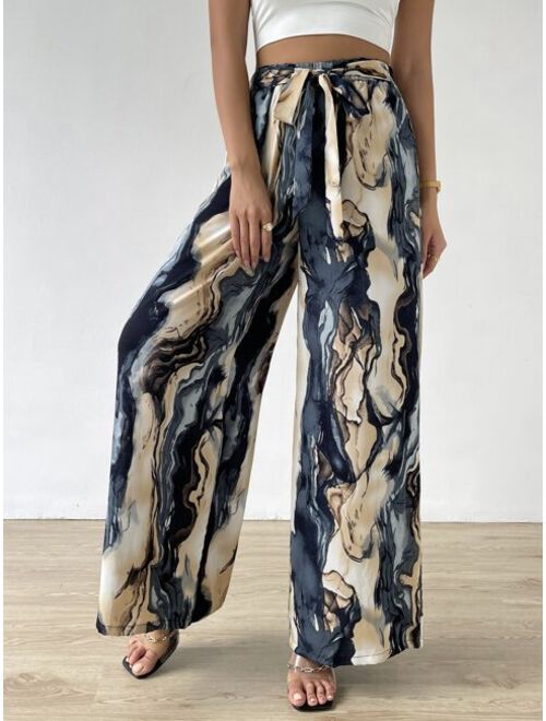 EMERY ROSE Allover Print Belted Wide Leg Pants
