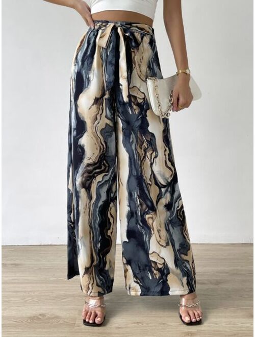 EMERY ROSE Allover Print Belted Wide Leg Pants