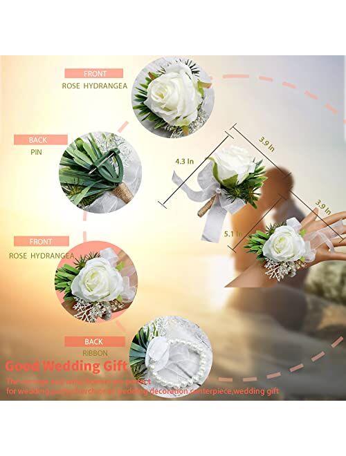 YIGHAI Peony Boutonniere and Wrist Corsage Set 2 Handemade Groom Groomsman and Brides Bridesmaid Artificial Wedding Flowers for Wedding Party Prom Suit Decoration