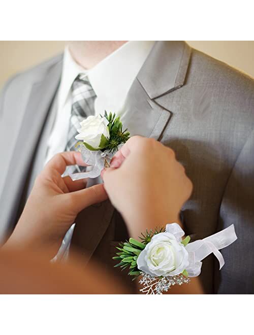 YIGHAI Peony Boutonniere and Wrist Corsage Set 2 Handemade Groom Groomsman and Brides Bridesmaid Artificial Wedding Flowers for Wedding Party Prom Suit Decoration