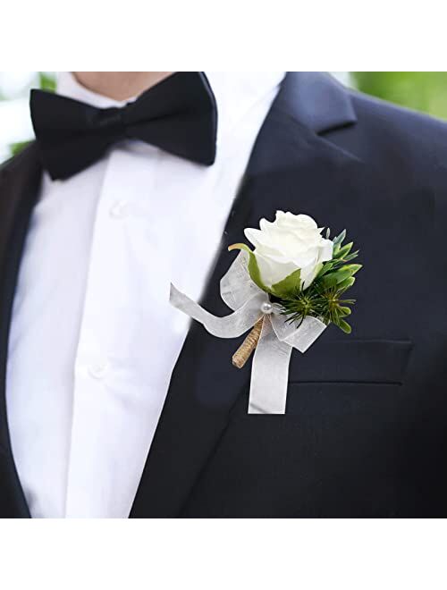 YIGHAI Peony Boutonniere and Wrist Corsage Set 2 Handemade Groom Groomsman and Brides Bridesmaid Artificial Wedding Flowers for Wedding Party Prom Suit Decoration