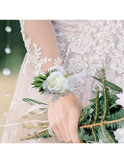 YIGHAI Peony Boutonniere and Wrist Corsage Set 2 Handemade Groom Groomsman and Brides Bridesmaid Artificial Wedding Flowers for Wedding Party Prom Suit Decoration