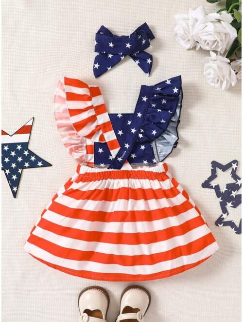 Shein Baby Americana Print Ruffle Trim Dress With Accessory Headband