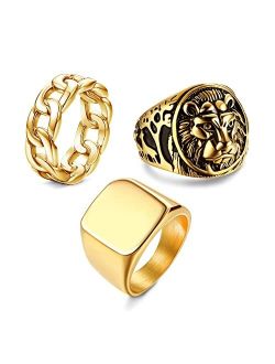 HANPABUM 3Pcs 14K Gold Plated Rings for Men Women Chunky Cuban Link Ring, Size 7-15