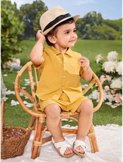 Baby Solid Button Front Shirt Shorts Without Tee