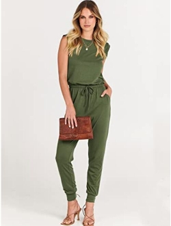 Womens Summer Crewneck Sleeveless Casual Loose Stretchy Jumpsuits Rompers with Pockets