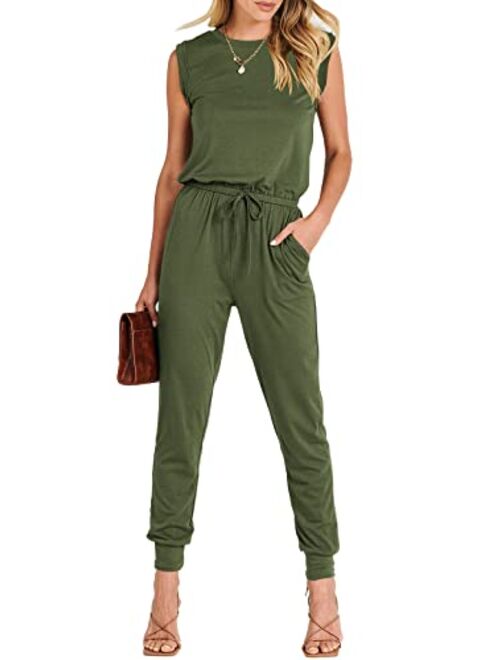 ANRABESS Womens Summer Crewneck Sleeveless Casual Loose Stretchy Jumpsuits Rompers with Pockets