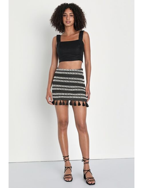 Lulus Festive Cutie Black and Ivory Striped Crochet Mini Fringe Skirt