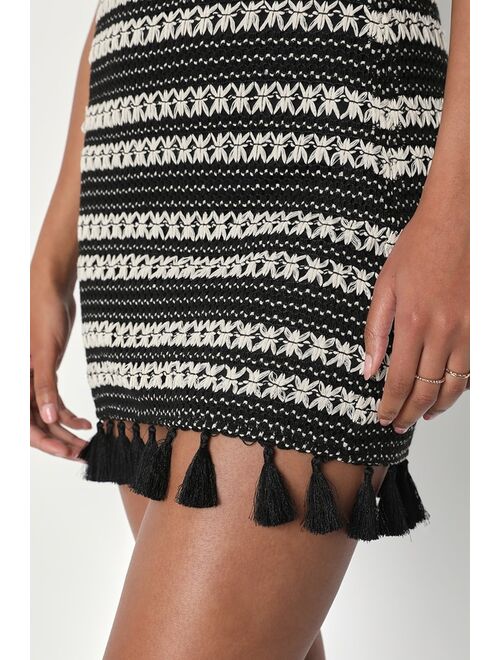 Lulus Festive Cutie Black and Ivory Striped Crochet Mini Fringe Skirt