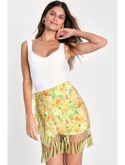 Getaway Mode Lime Green Floral Tassel Wrap Mini Skirt