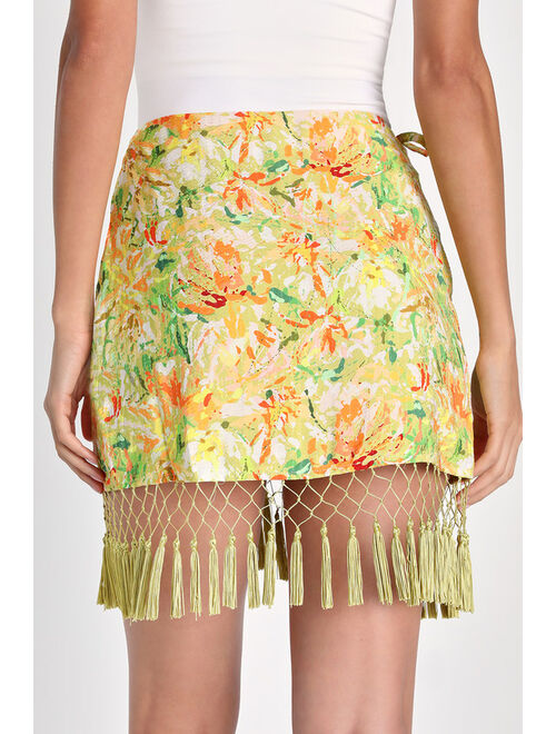 Lulus Getaway Mode Lime Green Floral Tassel Wrap Mini Skirt
