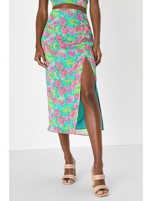 Lulus Bouquet, Girl, Hey Green Floral Print Ruched Slit Midi Skirt