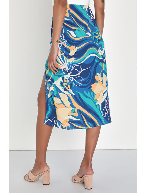 Lulus Adorably Bold Blue Satin Abstract Print Midi Skirt