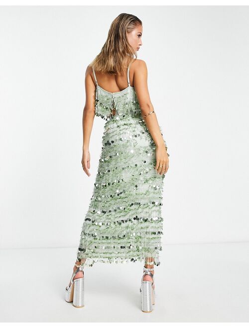 ASOS EDITION paillette fringe sequin midi skirt in sage green
