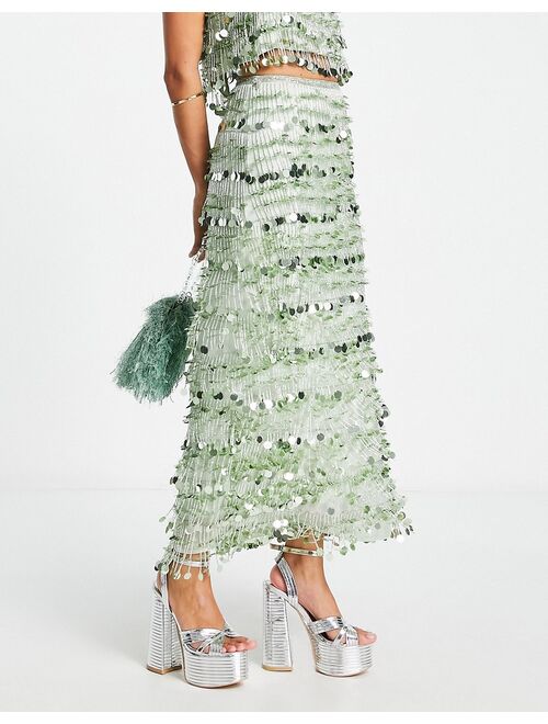 ASOS EDITION paillette fringe sequin midi skirt in sage green