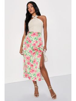 Blossoming Sweetie Ivory and Green Floral Print Satin Midi Skirt