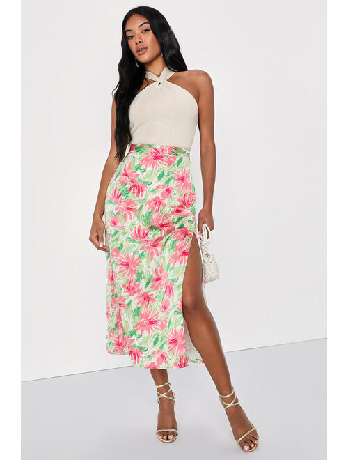 Lulus Blossoming Sweetie Ivory and Green Floral Print Satin Midi Skirt