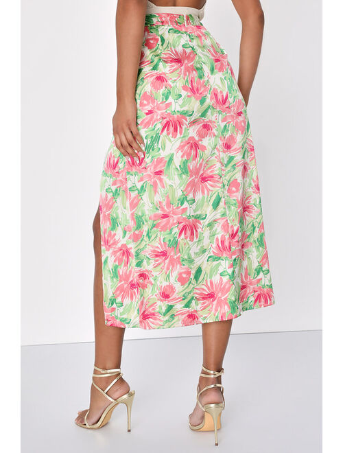 Lulus Blossoming Sweetie Ivory and Green Floral Print Satin Midi Skirt