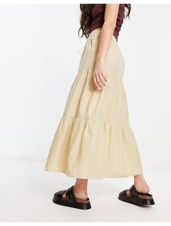 Daisy Street linen maxi tiered skirt in stone with toggle tie waist